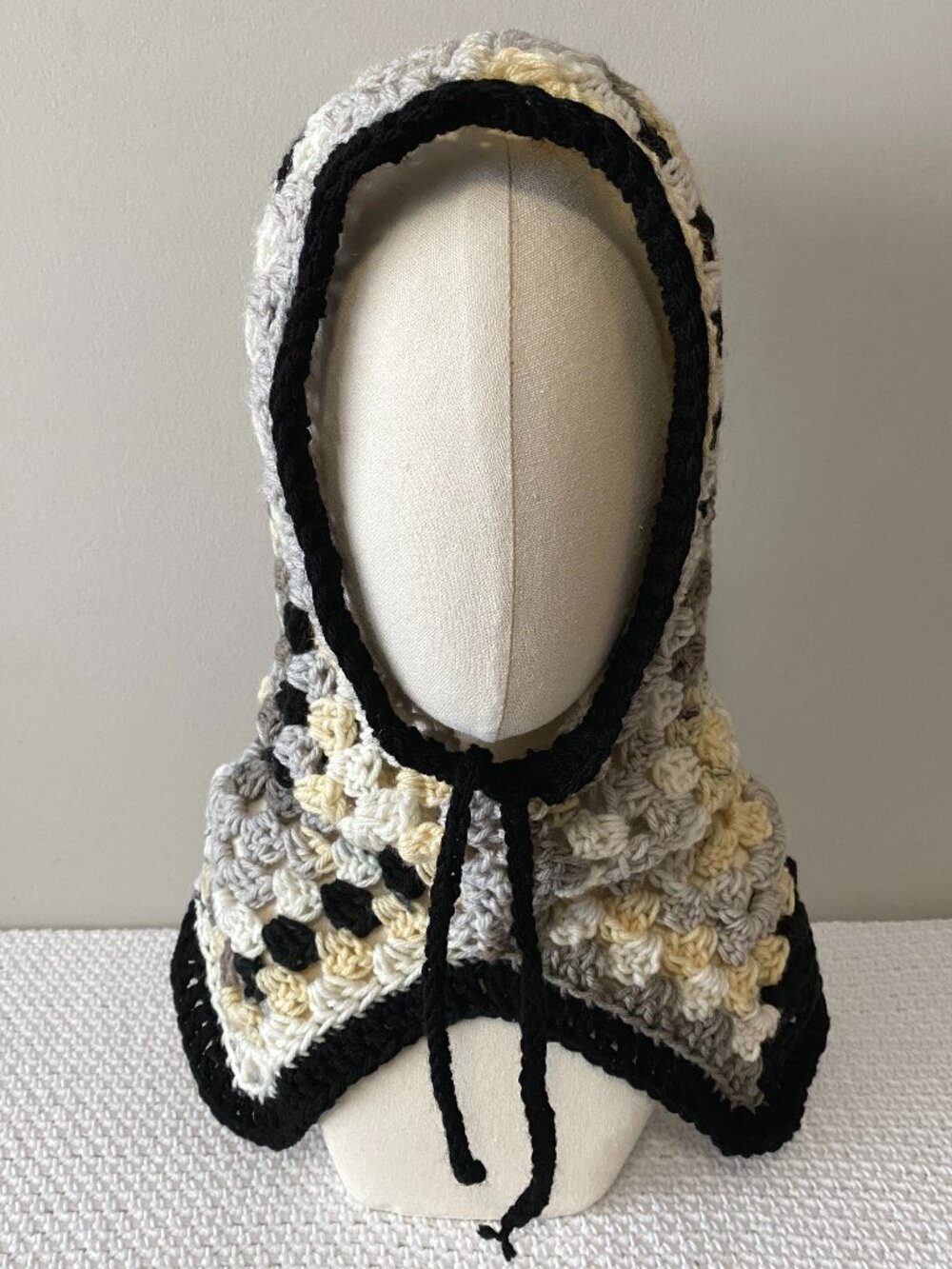 Handmade Crochet Black White Grey Light Yellow Granny Square Balaclava Hood